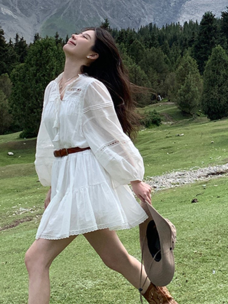 Elegant Hollow-out White Dresses For Women Simmer New Lantern Sleeve With Belt Mini Dress French Style Shirt Vestidos 2023