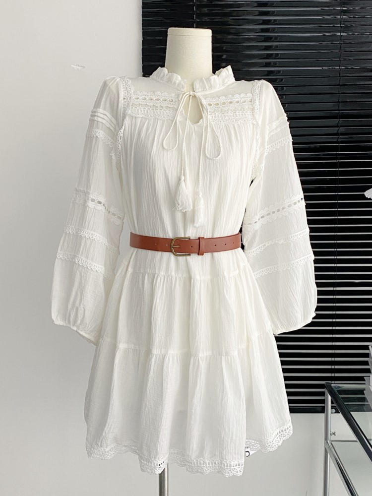 Elegant Hollow-out White Dresses For Women Simmer New Lantern Sleeve With Belt Mini Dress French Style Shirt Vestidos 2023