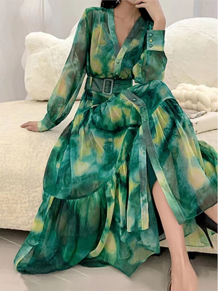 Women French Fashion Single Breasted V Neck Long Dress With Belt Summer Autumn Elegant Print A-line Robe Female Holiday Clothes