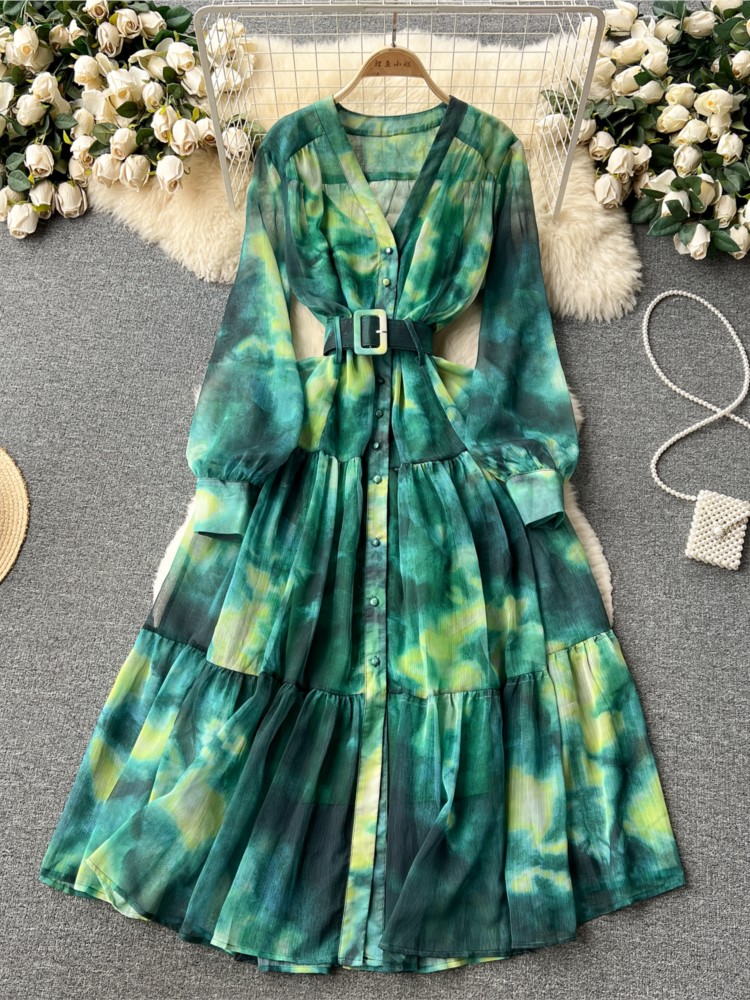 Women French Fashion Single Breasted V Neck Long Dress With Belt Summer Autumn Elegant Print A-line Robe Female Holiday Clothes