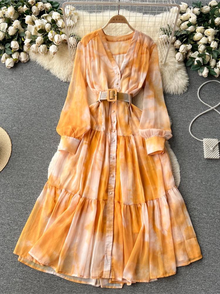 Women French Fashion Single Breasted V Neck Long Dress With Belt Summer Autumn Elegant Print A-line Robe Female Holiday Clothes