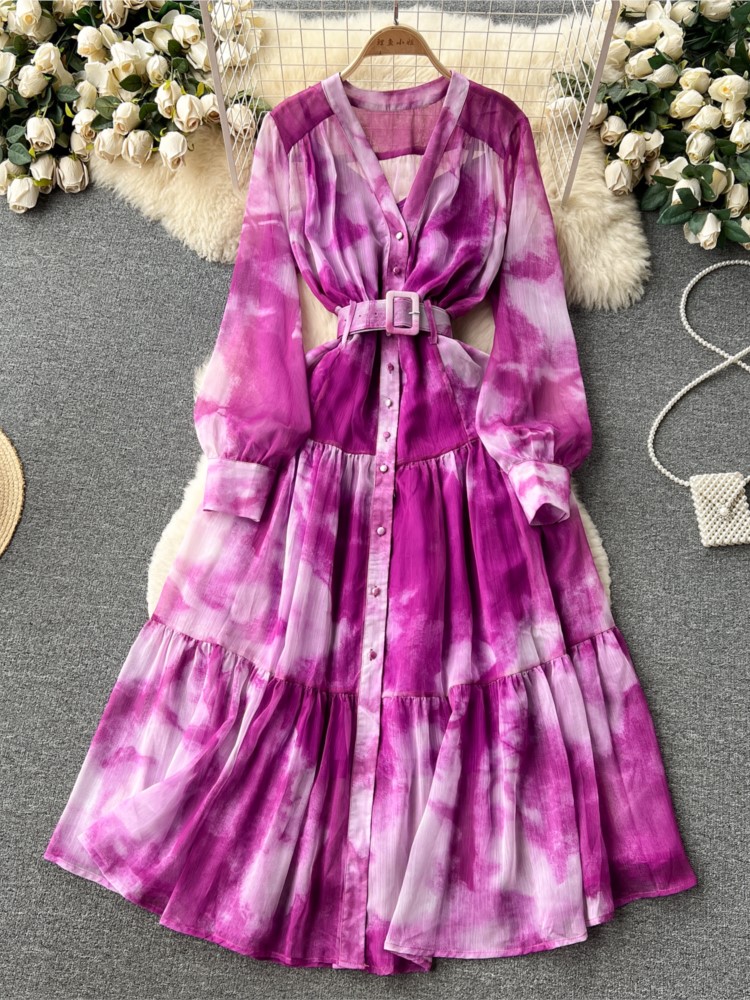 Women French Fashion Single Breasted V Neck Long Dress With Belt Summer Autumn Elegant Print A-line Robe Female Holiday Clothes