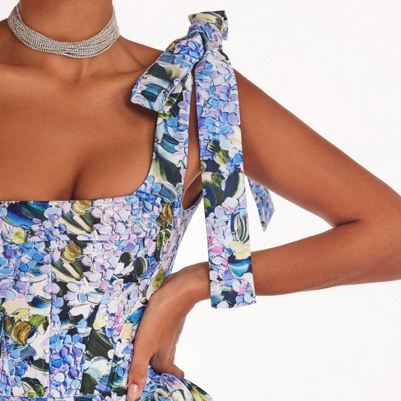 Female Summer Floral Print High Waist Long Dress Fashion Off Shoulder Pleated Garden Banquet Dress Casual Bow Strap Robe Dresses