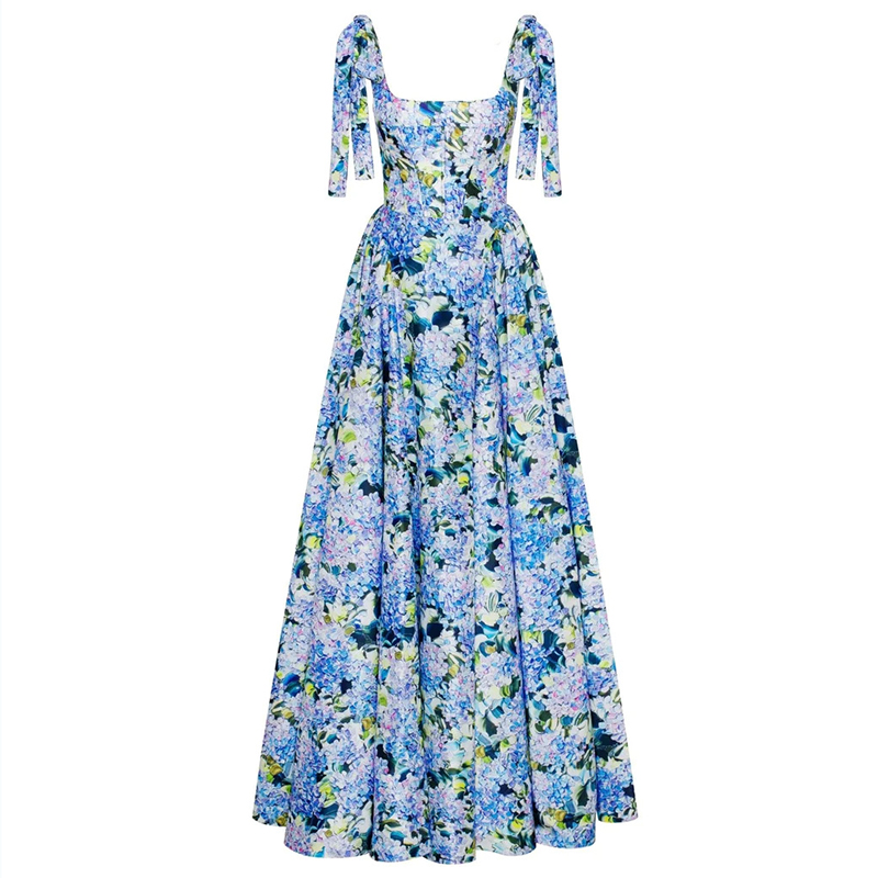 Female Summer Floral Print High Waist Long Dress Fashion Off Shoulder Pleated Garden Banquet Dress Casual Bow Strap Robe Dresses