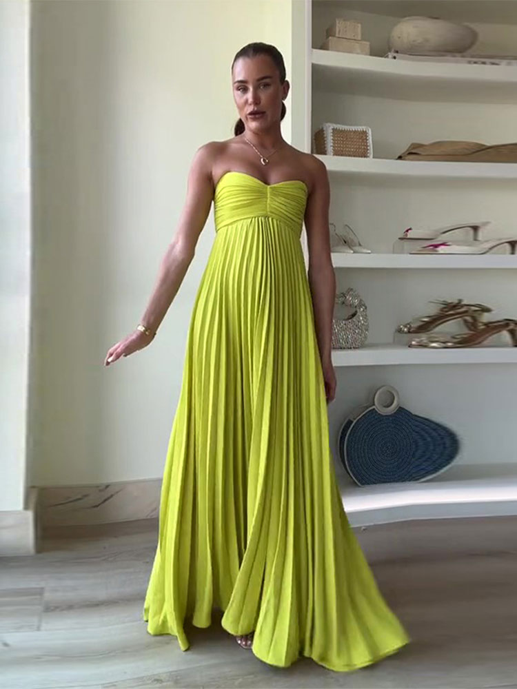 2024 Women Sexy Solid Backless Bra Strapless Long Dress Elegant Hundred Pleated Sleeveless Dresses Summer Beach Evening Robes