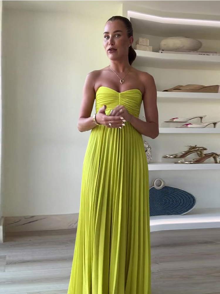 2024 Women Sexy Solid Backless Bra Strapless Long Dress Elegant Hundred Pleated Sleeveless Dresses Summer Beach Evening Robes