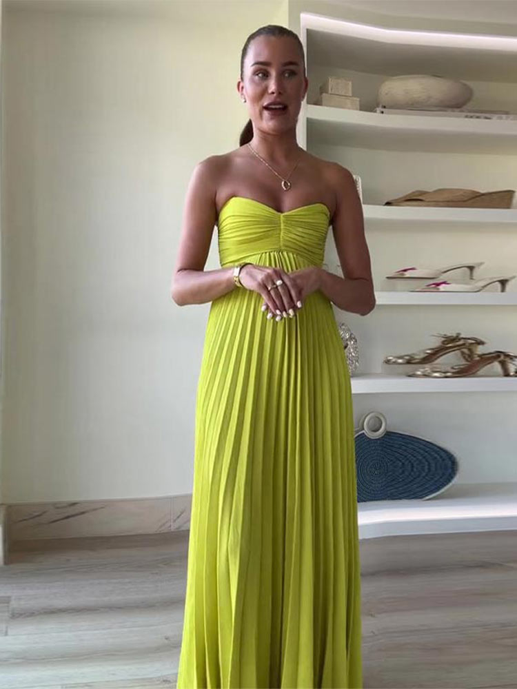 2024 Women Sexy Solid Backless Bra Strapless Long Dress Elegant Hundred Pleated Sleeveless Dresses Summer Beach Evening Robes