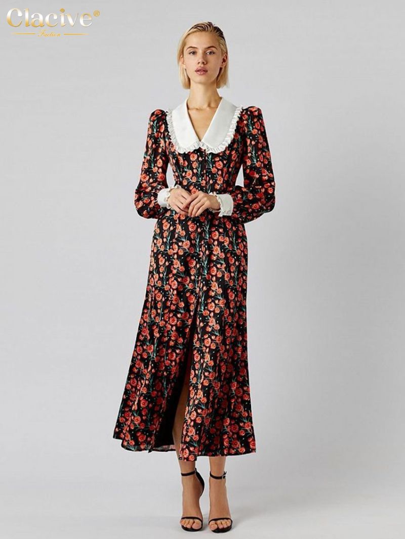 Clacive Fashion Print Office Women Dresses 2023 Elegant Doll Collar Long Sleeve Midi Dress Casual Single Breasting Female Dress