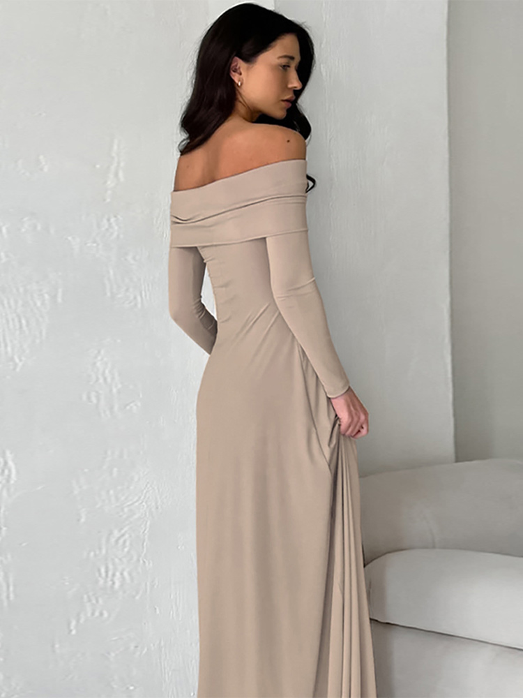 Elegant Long Sleeves High Waist Slim Dresses Women Fashion Solid Off Shoulder Pleated Maxi Dress 2024 New Lady High Streetwears