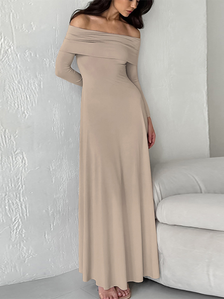 Elegant Long Sleeves High Waist Slim Dresses Women Fashion Solid Off Shoulder Pleated Maxi Dress 2024 New Lady High Streetwears