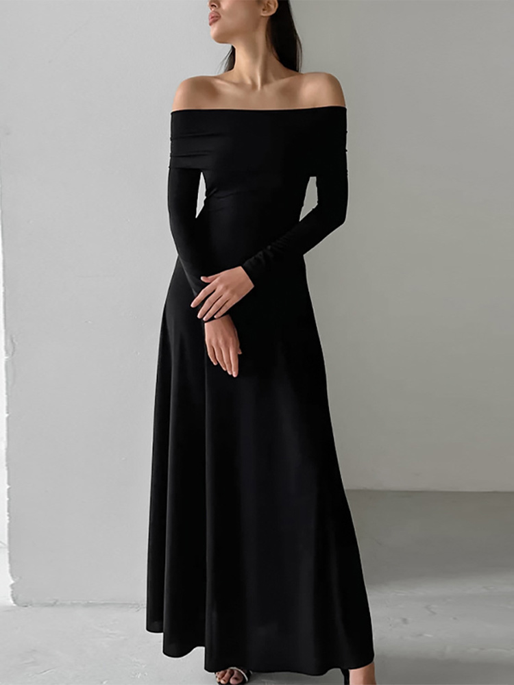 Elegant Long Sleeves High Waist Slim Dresses Women Fashion Solid Off Shoulder Pleated Maxi Dress 2024 New Lady High Streetwears