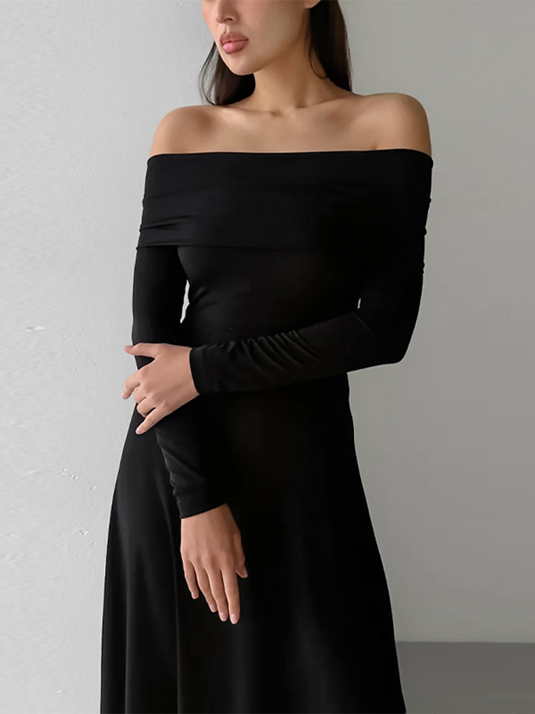 Elegant Long Sleeves High Waist Slim Dresses Women Fashion Solid Off Shoulder Pleated Maxi Dress 2024 New Lady High Streetwears