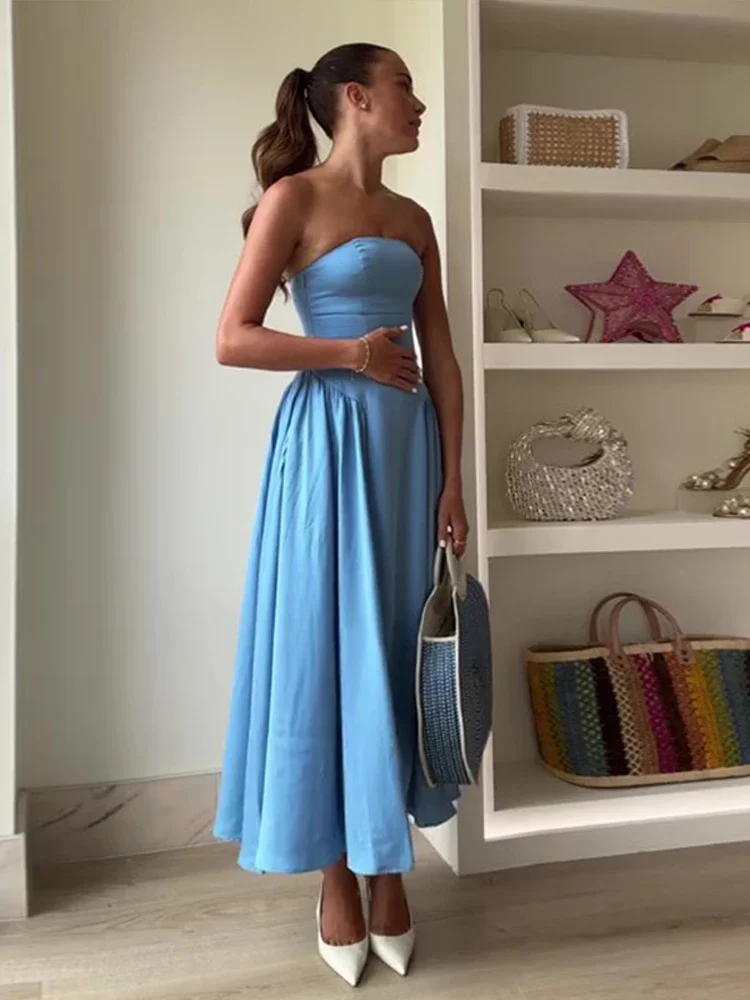 Sexy Slim Chest Wrapped Long Dress Women Fashion Solid Backless Strapless Midi Dresses 2024 Summer Office Lady Evening Robes