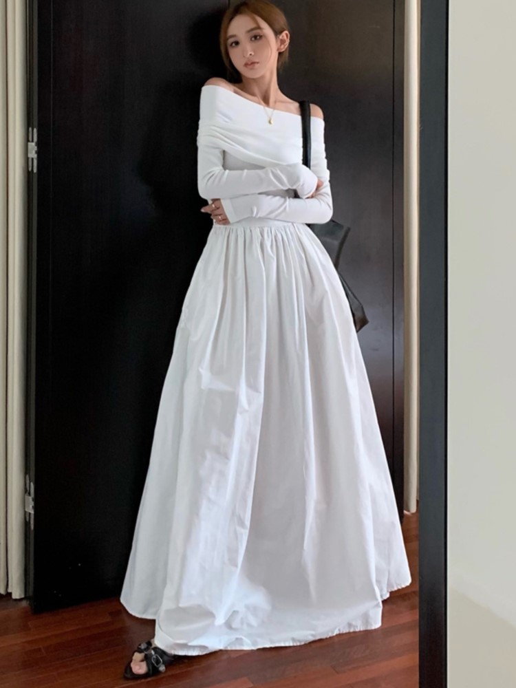 New Korean Fashion Evening Party Long Dresses for Women Off Shoulder Long Sleeve A-line Prom Robe Y2k Streetwear Maxi Vestidos