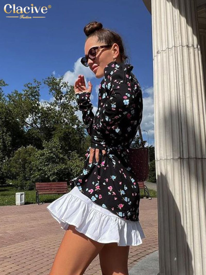 Clacive Bodycon Slim Print Women'S Dress 2023 Fashion Long Sleeve Office Mini Dresses Elegant Chic Patchwork Ruffle Female Dress