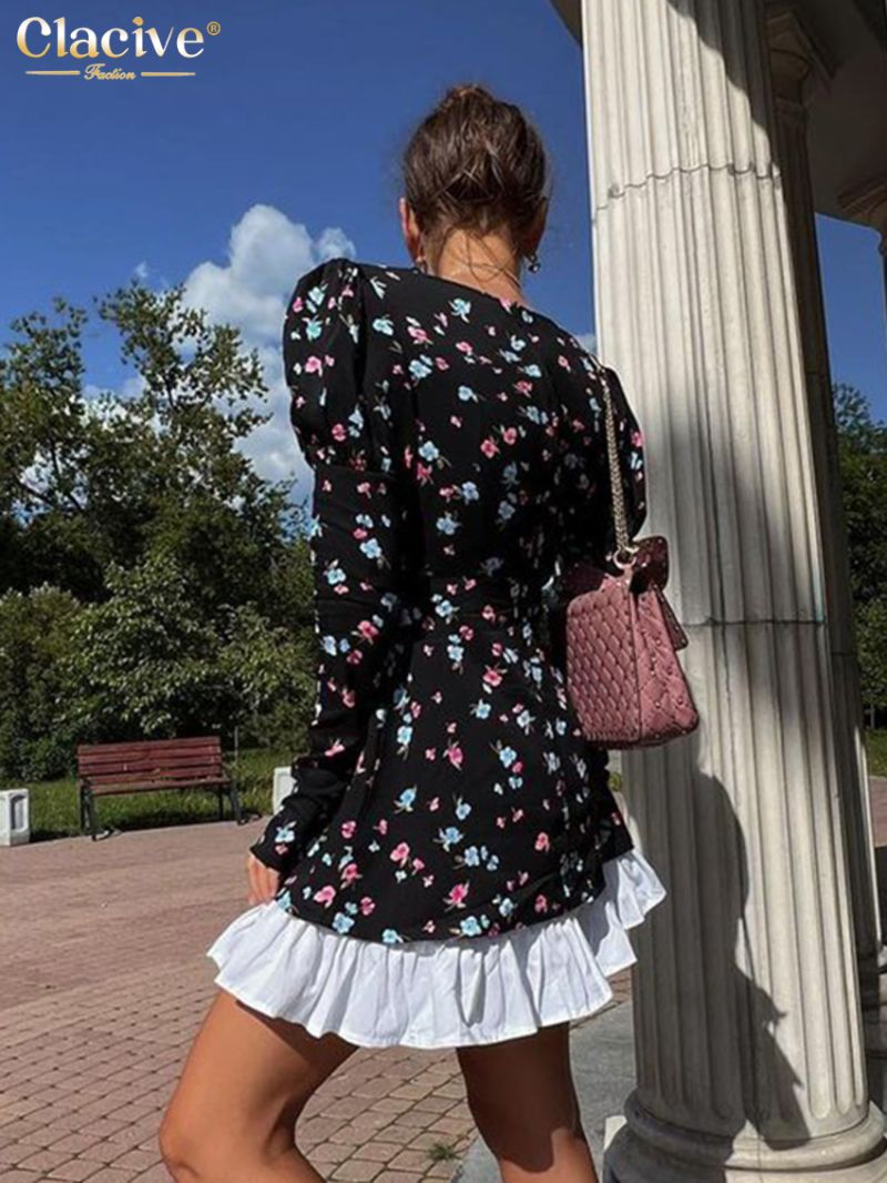 Clacive Bodycon Slim Print Women'S Dress 2023 Fashion Long Sleeve Office Mini Dresses Elegant Chic Patchwork Ruffle Female Dress