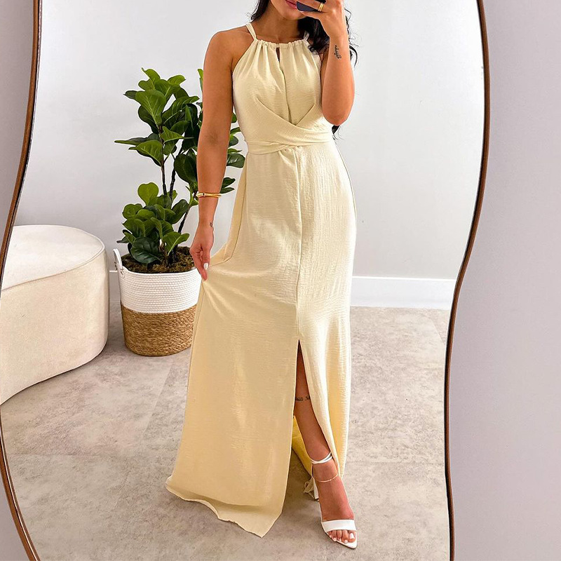 Sexy Halter Hollow Out Solid Banquet Dress New Women Fashion Sleeveless Pleated Long Dress Elegant High Waist Split Party Dress