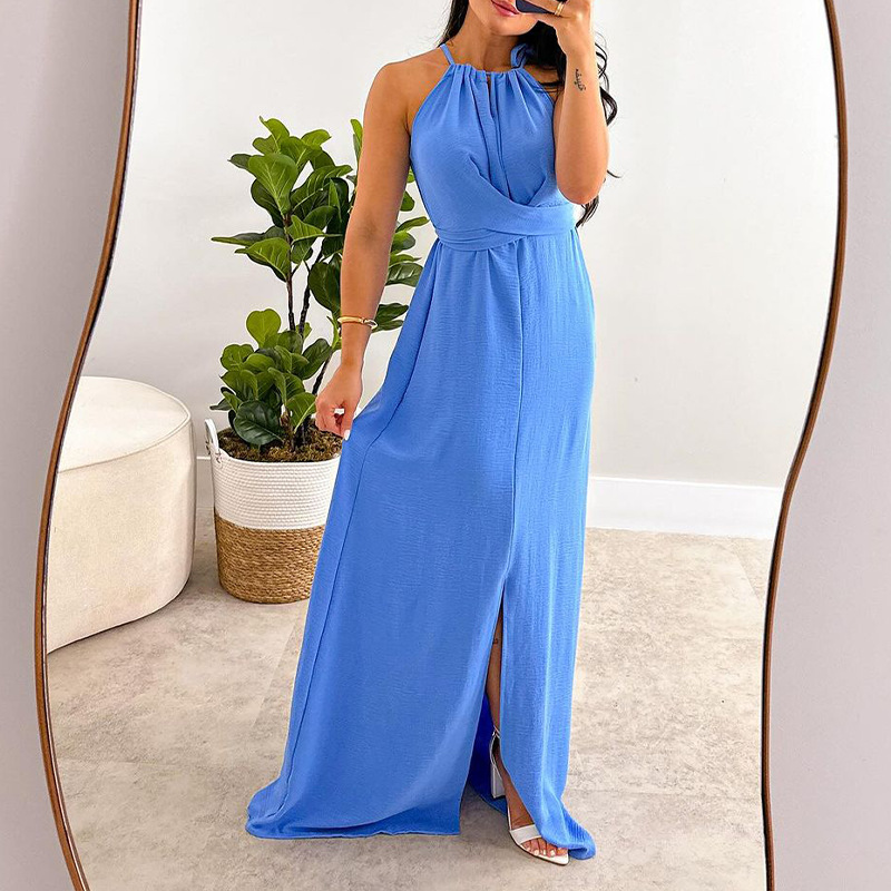 Sexy Halter Hollow Out Solid Banquet Dress New Women Fashion Sleeveless Pleated Long Dress Elegant High Waist Split Party Dress