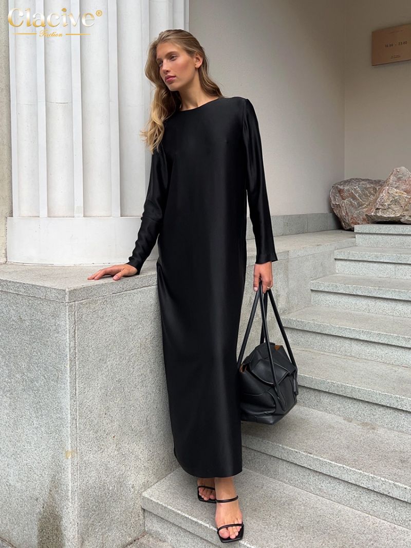 Clacive Casual Black Satin Women'S Dress 2023 Fashion O-Neck Long Sleeve Ankle Length Dresses Elegant Classic Solid Female Dress