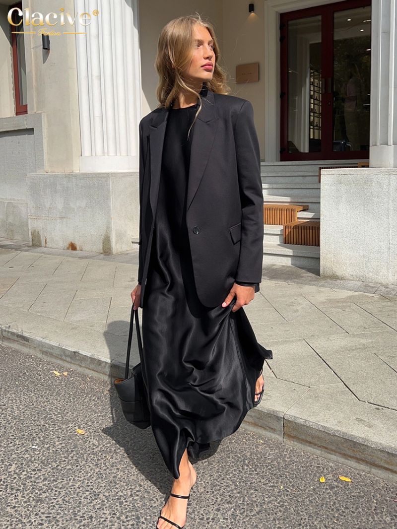 Clacive Casual Black Satin Women'S Dress 2023 Fashion O-Neck Long Sleeve Ankle Length Dresses Elegant Classic Solid Female Dress