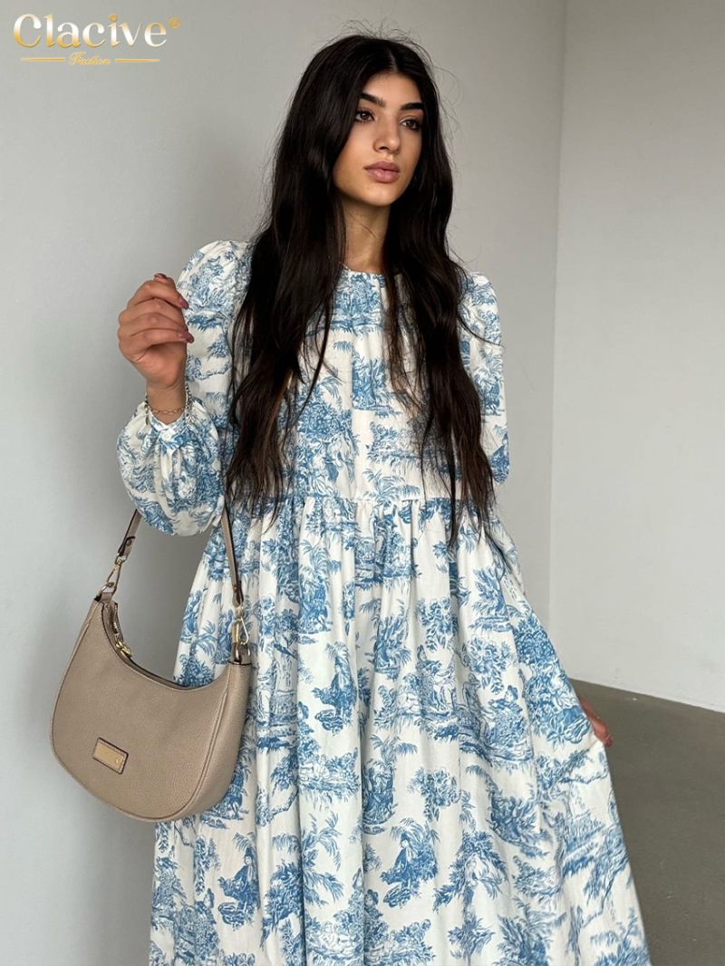 Clacive Vintage Loose Print Women's Dress 2024 Fashion O-Neck Puff Sleeve Midi Dresses Elegant Classic High Waist Female Dress