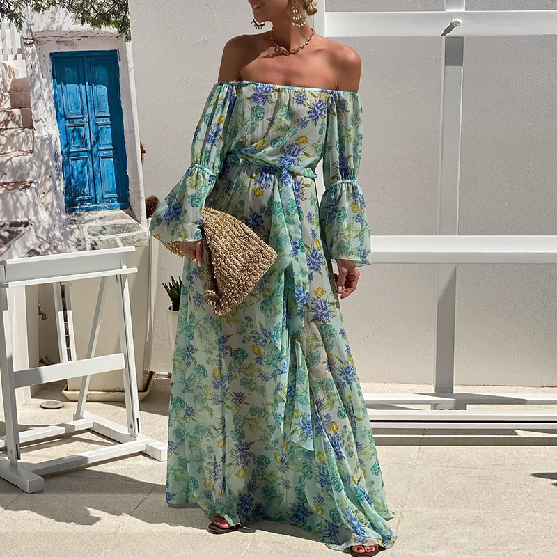 Bohemian Vacation Chiffon Long Dress Ladies Slash Neck High Waist Party Dress Fashion Floral Print Flare Sleeves Beach Dresses