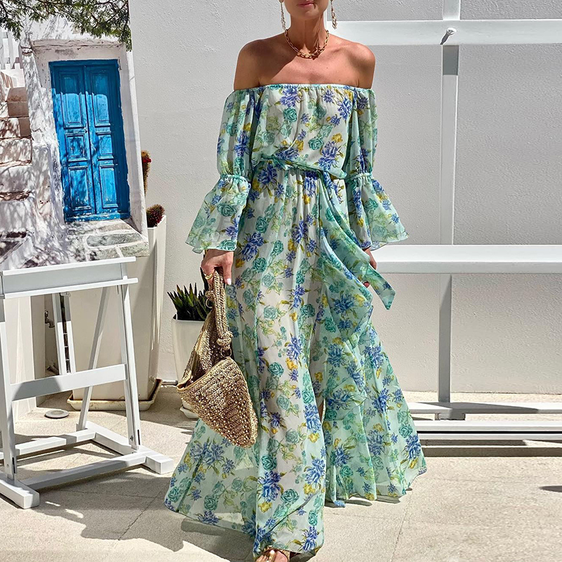 Bohemian Vacation Chiffon Long Dress Ladies Slash Neck High Waist Party Dress Fashion Floral Print Flare Sleeves Beach Dresses