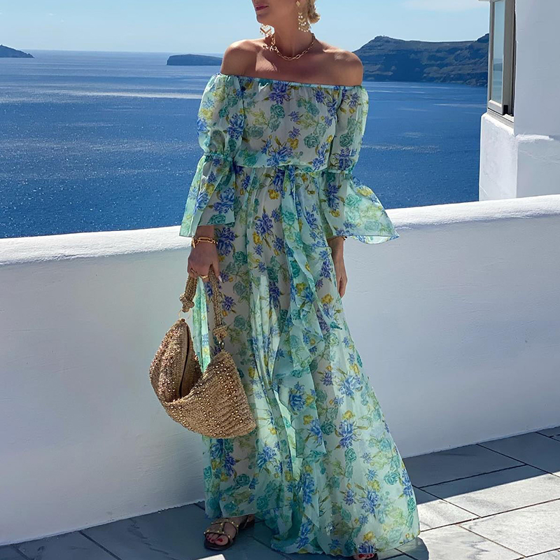 Bohemian Vacation Chiffon Long Dress Ladies Slash Neck High Waist Party Dress Fashion Floral Print Flare Sleeves Beach Dresses