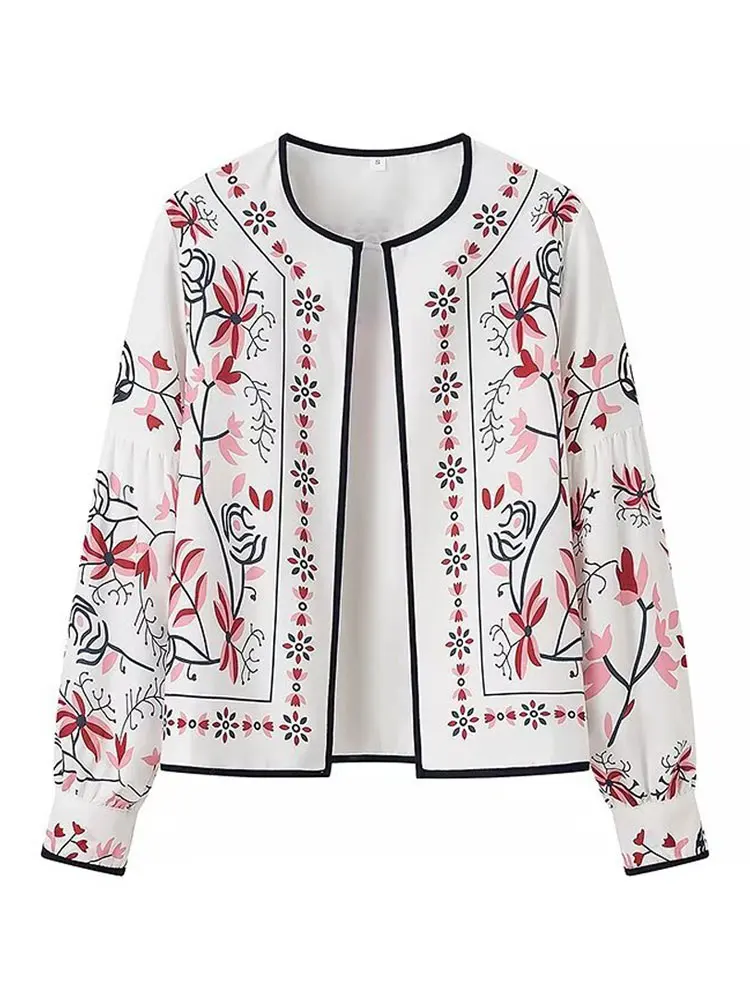 2024 Chic Women Elegant Floral Print Thin Coat Autumn Fashion O Neck Full Sleeves Cardigan New Female Casual Street Outwear