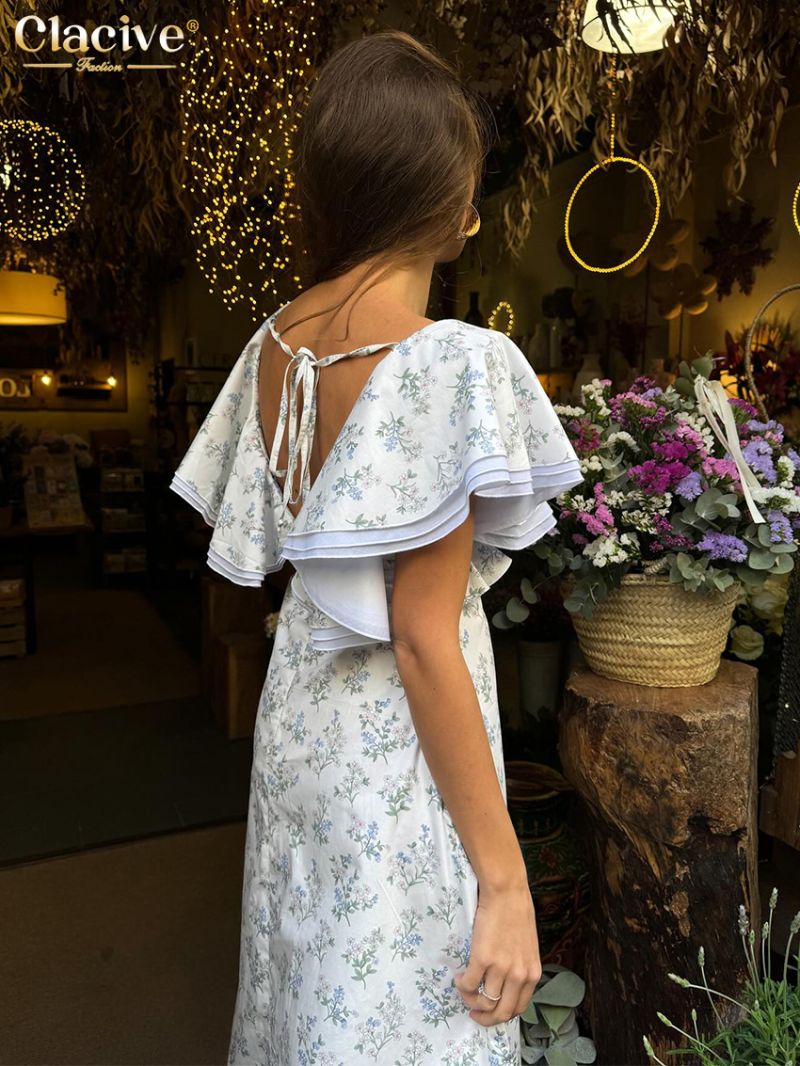 Clacive Summer Loose Print Women's Dress Fashion V-Neck Short Sleeve Ankle Length Dresses Elegant Classic Backless Female Dress