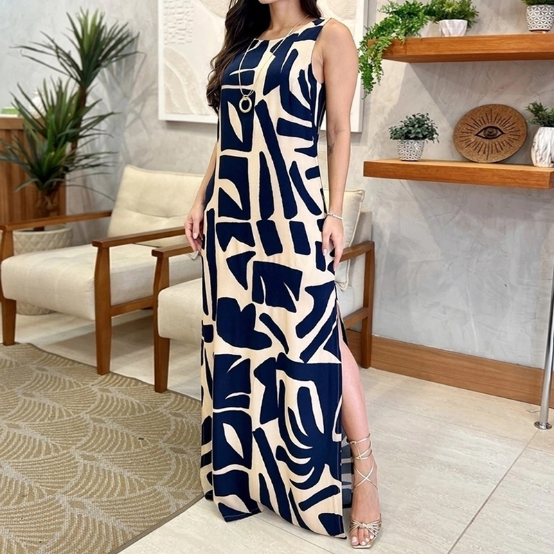 Casual O-neck Side Split Long Dress 2024 Summer Pattern Printed Lace Up Commuting Dress Sexy Hollow Out Sleeveless Pocket Dress