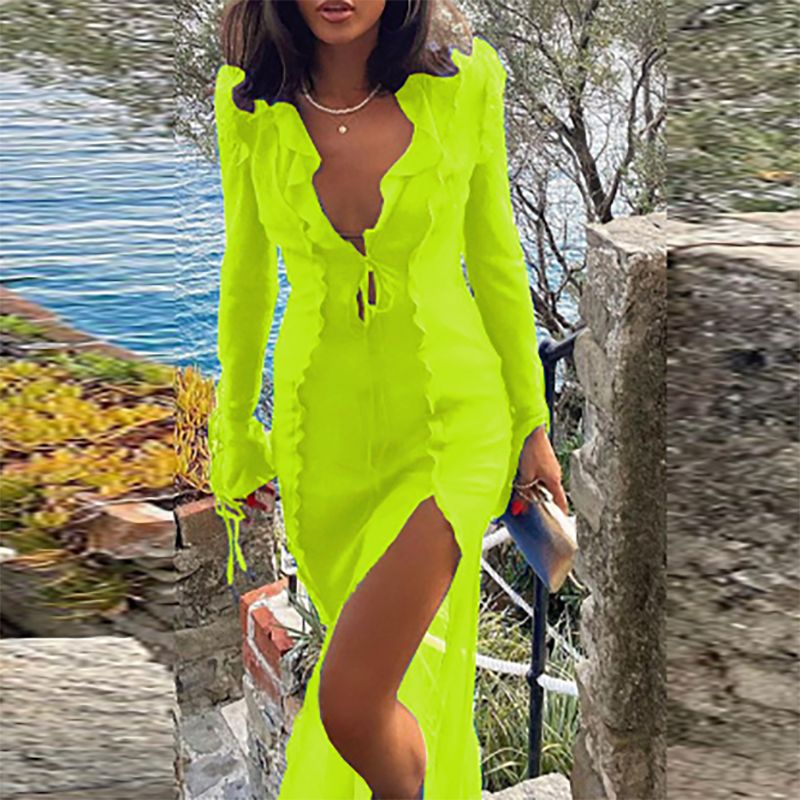 Elegant Deep V Ruffled Slim Bikini Dress New 2024 Summer Perspective Split Beach Cover Up Dress Sexy Hollow Bandage Long Dresses