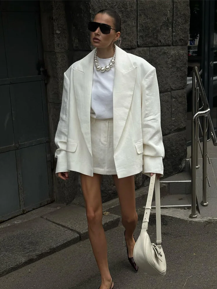 2024 New Oversized Women White Linen Suit Coat Casual Loose Long Sleeve Cardigan Blazer Jacket Autumn Chic Lady Street Outerwear