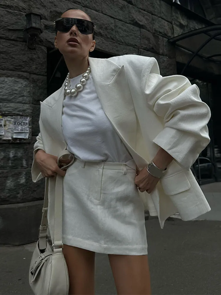 2024 New Oversized Women White Linen Suit Coat Casual Loose Long Sleeve Cardigan Blazer Jacket Autumn Chic Lady Street Outerwear