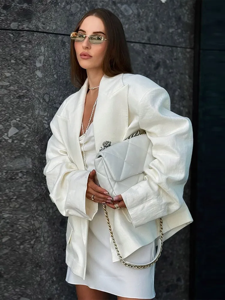 2024 New Oversized Women White Linen Suit Coat Casual Loose Long Sleeve Cardigan Blazer Jacket Autumn Chic Lady Street Outerwear