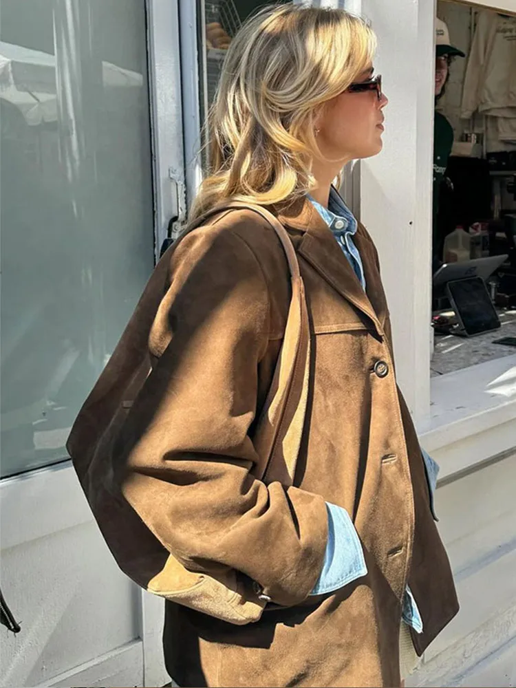 Autumn Brown Suede Jacket With Lapel Woman Casual Single Breasted Pocket Long Sleeve Short Coat 2024 Lady High Street Outwear