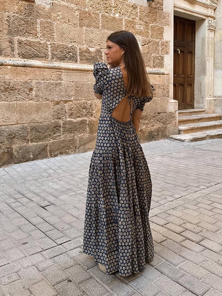 Women Casual Printed Backless Long Dress Fashion O-neck High Waisted Puff Sleeves Ruffles Hem Dresses 2024 Summer Vacation Robes