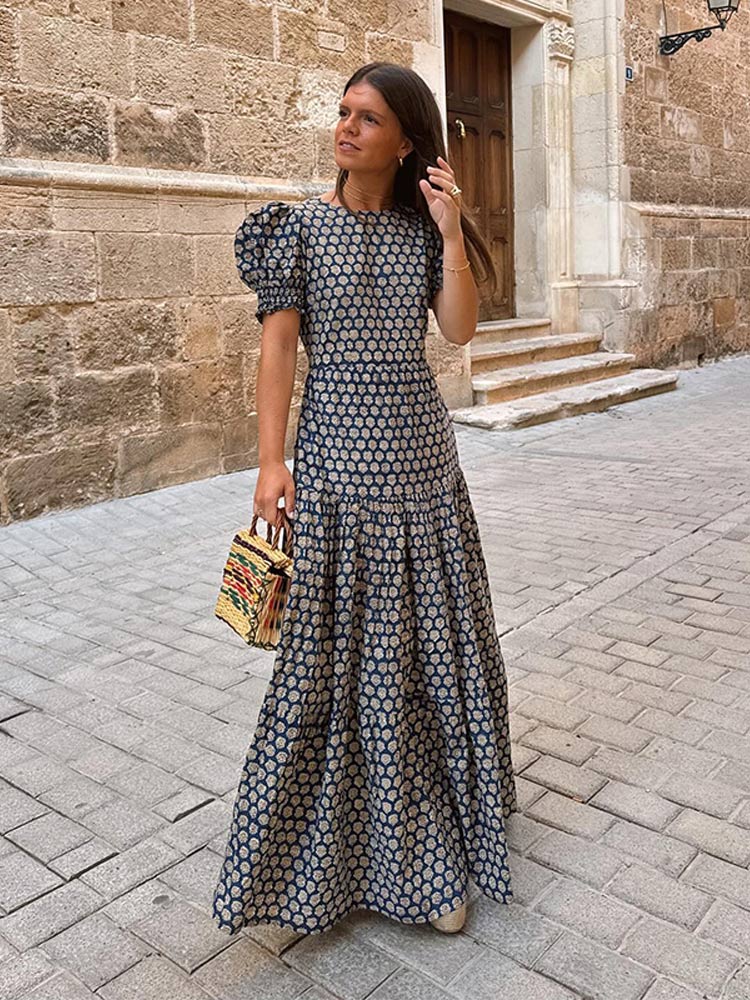 Women Casual Printed Backless Long Dress Fashion O-neck High Waisted Puff Sleeves Ruffles Hem Dresses 2024 Summer Vacation Robes