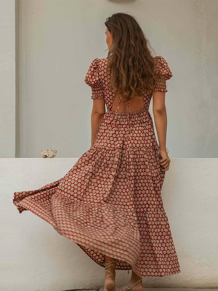 Women Casual Printed Backless Long Dress Fashion O-neck High Waisted Puff Sleeves Ruffles Hem Dresses 2024 Summer Vacation Robes