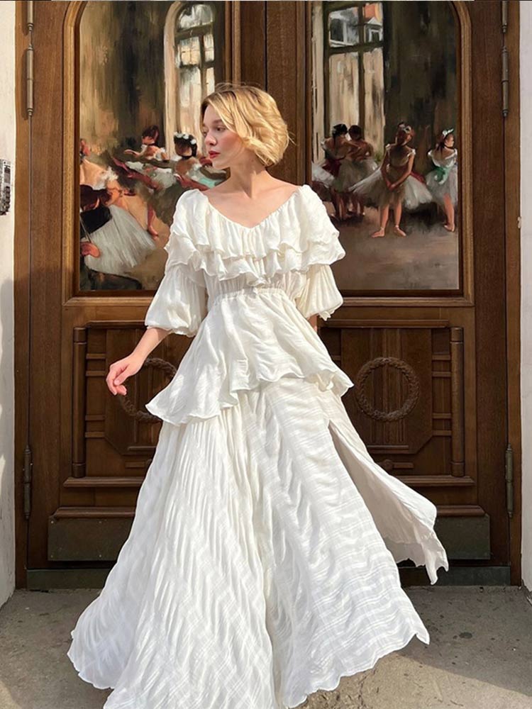 Elegant White Ruffles Layer Pleated Maxi Dresses Women Fashion Split Half Sleeves V-neck Long Dress 2024 Lady Party Vestidos