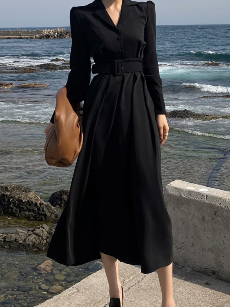 Korean Chic Women's Black Trench Coat Dress with Belt Single Breasted Long Sleeves A-line Casual Autumn Midi Vestidos Mujer New