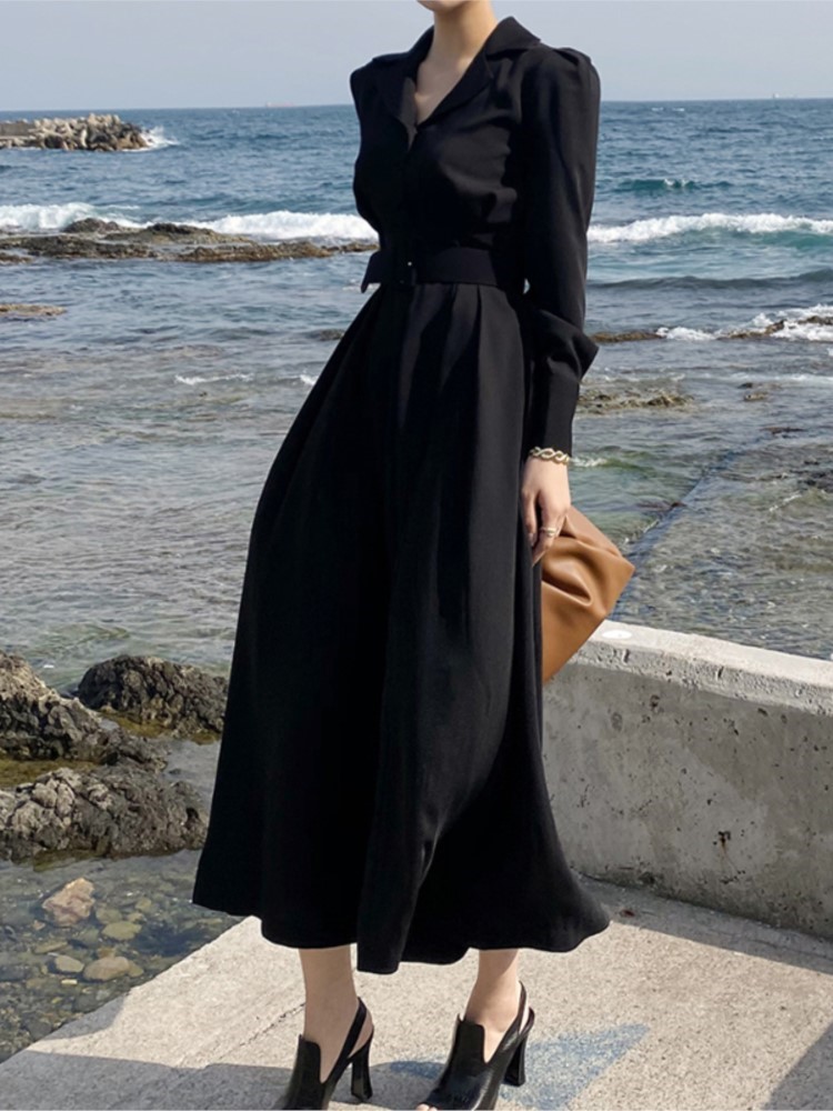 Korean Chic Women's Black Trench Coat Dress with Belt Single Breasted Long Sleeves A-line Casual Autumn Midi Vestidos Mujer New