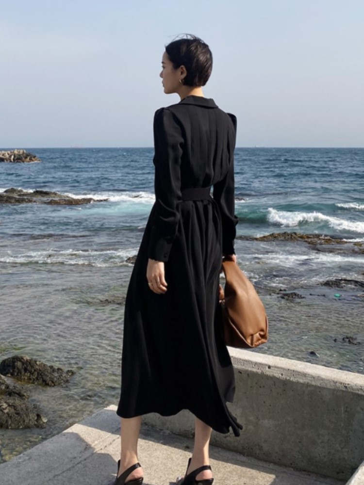 Korean Chic Women's Black Trench Coat Dress with Belt Single Breasted Long Sleeves A-line Casual Autumn Midi Vestidos Mujer New