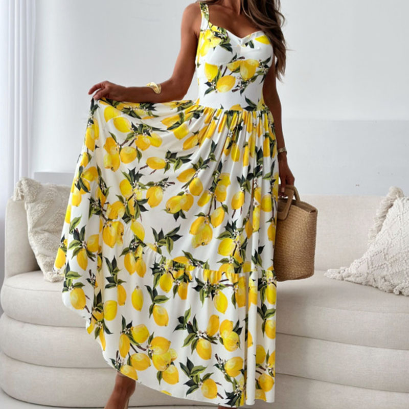 Yellow Print Chest Wrap Pleated Long Dress Fashion Women's Sleeveless High Waist Bohemian Dress Elegant Party Vacation Dresses