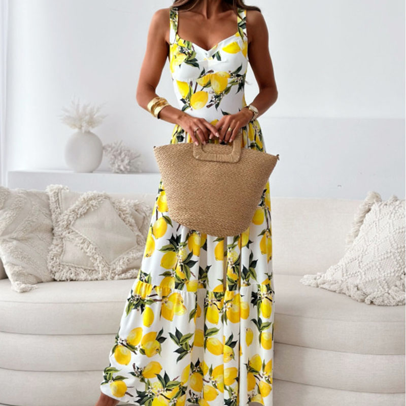 Yellow Print Chest Wrap Pleated Long Dress Fashion Women's Sleeveless High Waist Bohemian Dress Elegant Party Vacation Dresses