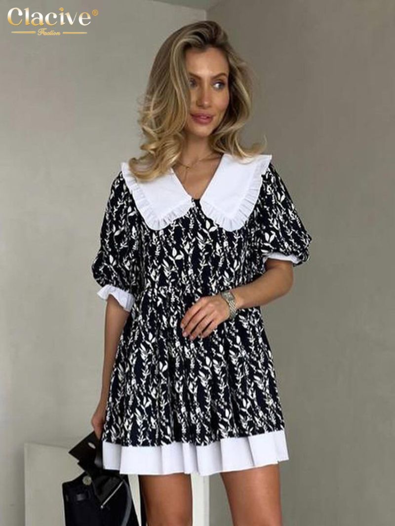 Clacive Fashion Loose Print Women's Dress Summer Doll Collar Short Sleeve Mini Dresses Elegant Classic Patchwork Female Dress