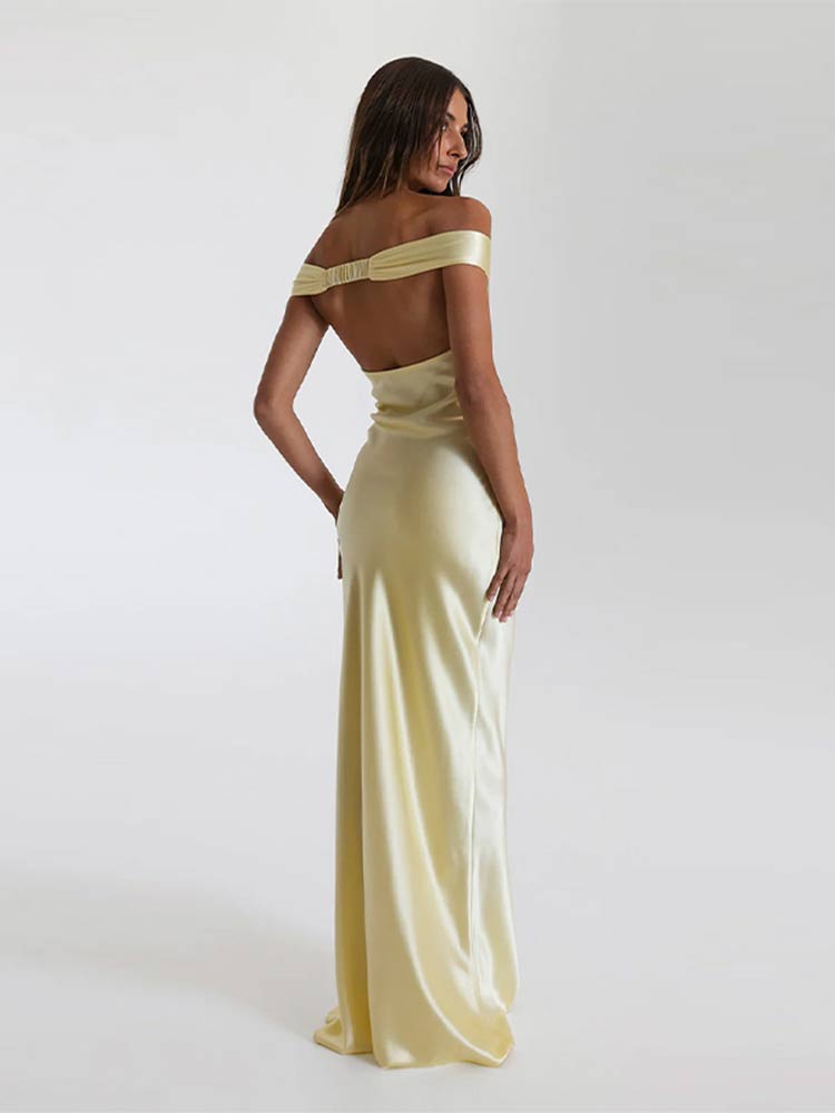 Elegant Slip Satin Backless Maxi Dress Women Sexy Off Shoulder Sleeveless Bodycon Dresses 2024 New Lady Party Club Evening Gown