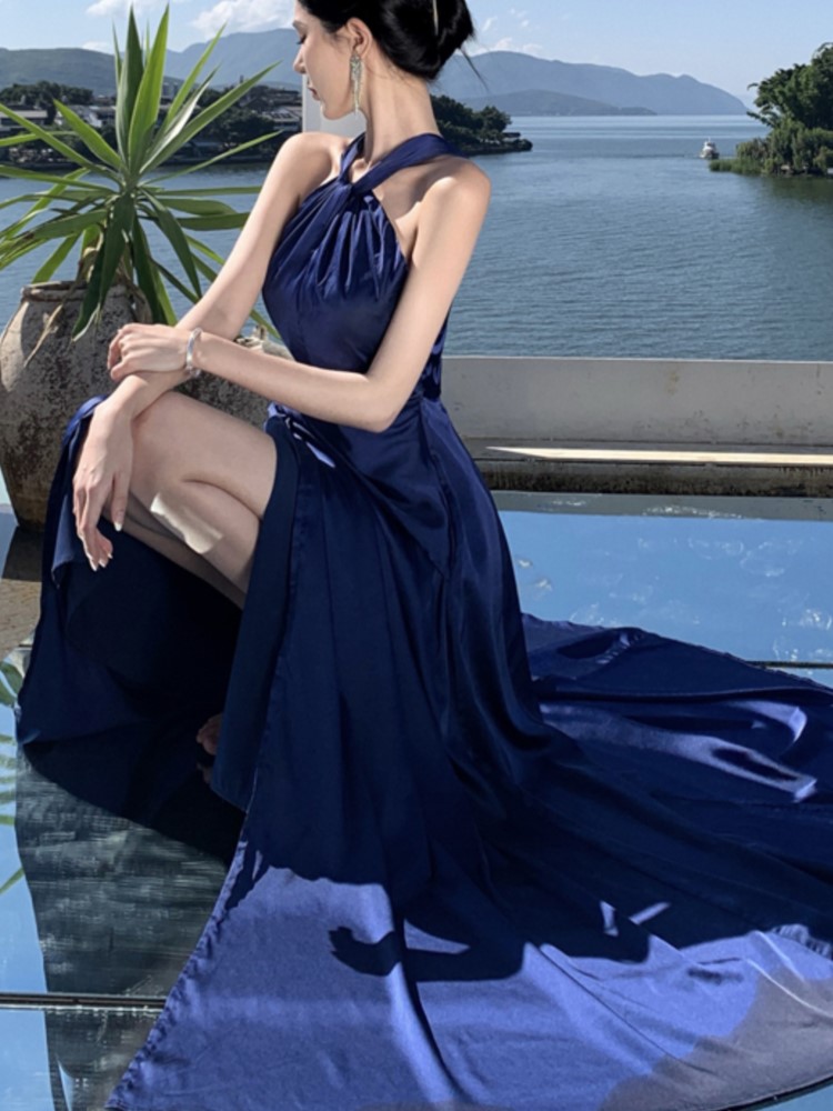 Elegant Wedding Evening Party Dress Halter High Split Summer New Sleeveless Long Dresses for Women Prom Robe Maxi Vestidos Mujer