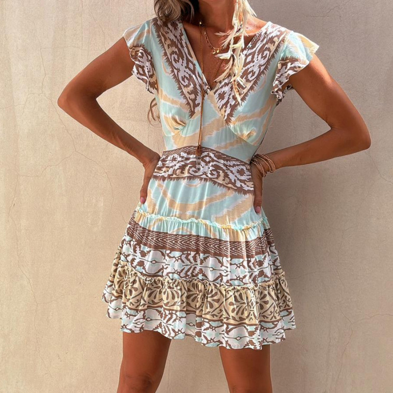 Sexy V Neck Short Sleeved Bohemian Dress Casual Floral Print Pleated Beach Dress Women's Fashion High Waist Mini Dress Vestidos