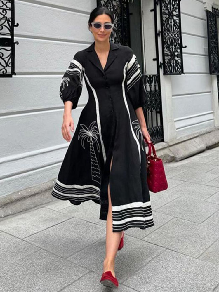 Women Elegant Print A-line Long Dress Fashion Single Breasted Lantern Long Sleeve Lapel Dresses 2024 Lady Casual Street Vestidos